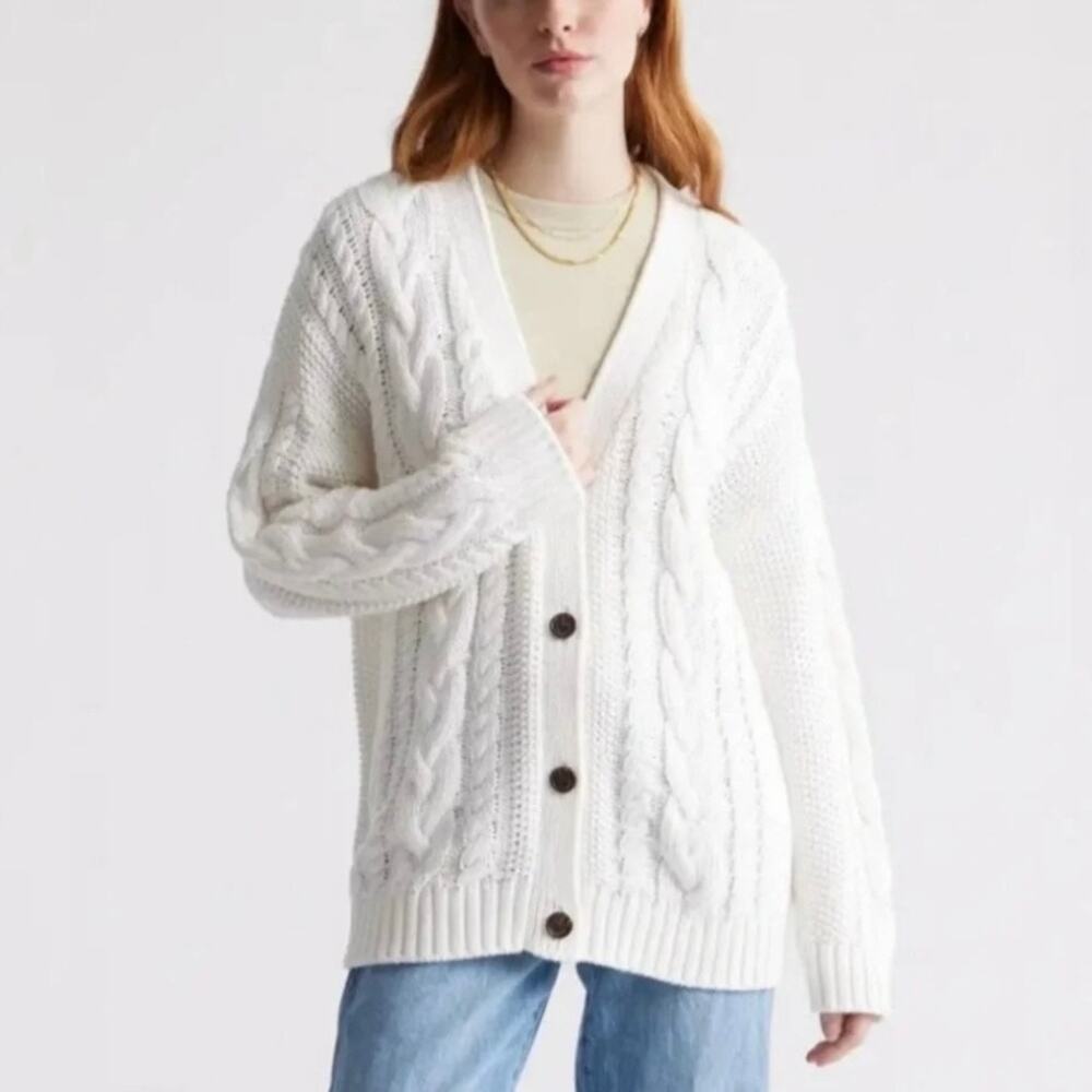 Quince 100% Organic Cotton Oversized Cable Cardigan - Cream - Ivory - Size S